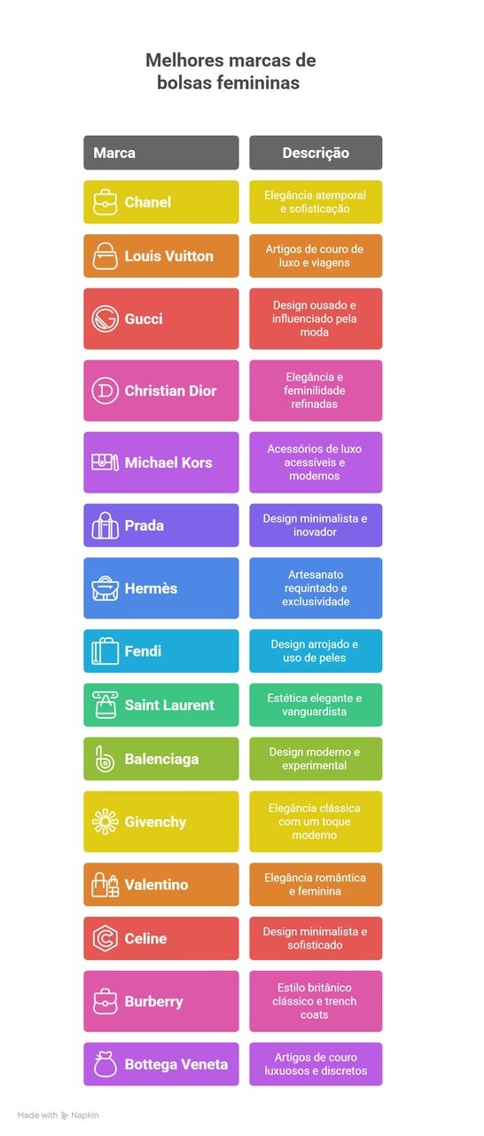 Infográfico apresenta 15 das melhores marcas de bolsas femininas, como Chanel, Louis Vuitton e Prada, destacando estilo, sofisticação e exclusividade em cada descrição visual e textual.