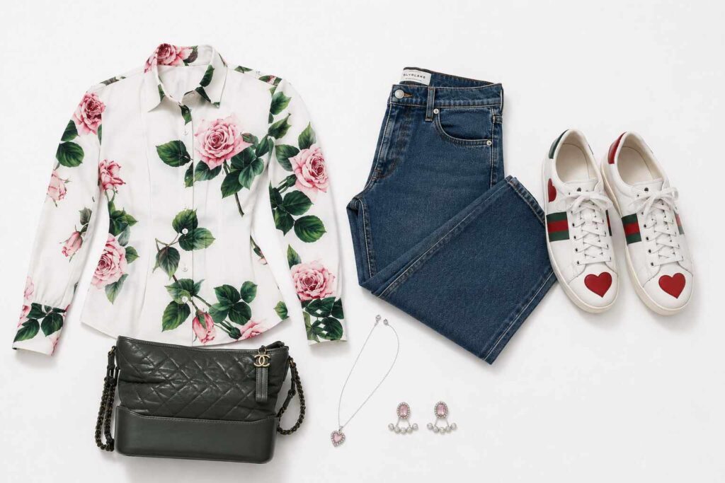 Exemplo de estilos femininos em um look composto por camisa floral, jeans, tênis branco e acessórios coordenados.