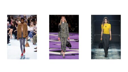 Vários looks em uma mesma imagem mostrando possíveis combinações com calça da Prada.
