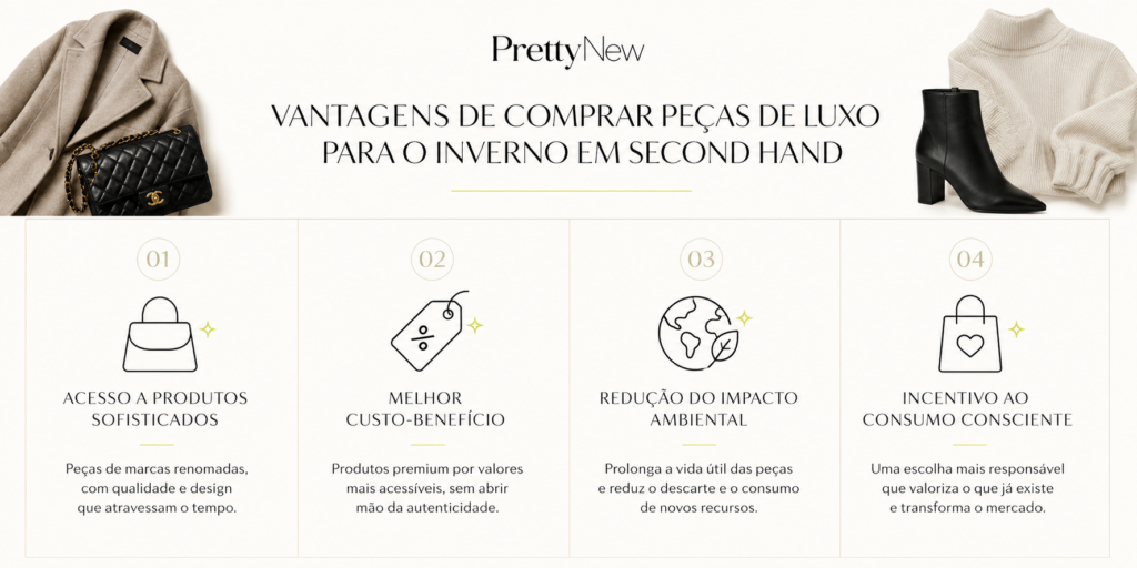 Tendências inverno 2026 com peças de luxo second hand, casacos sofisticados e moda sustentável para dias frios.