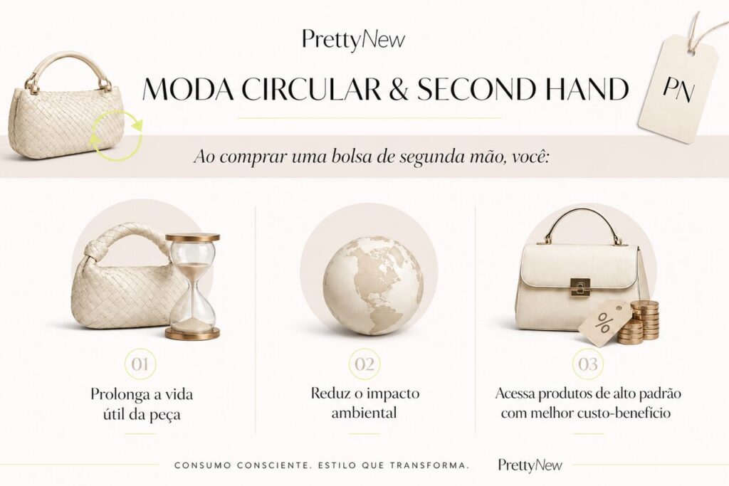 Infográfico sobre moda circular e mercado second hand destacando consumo consciente, sustentabilidade e bolsas de luxo seminovas.